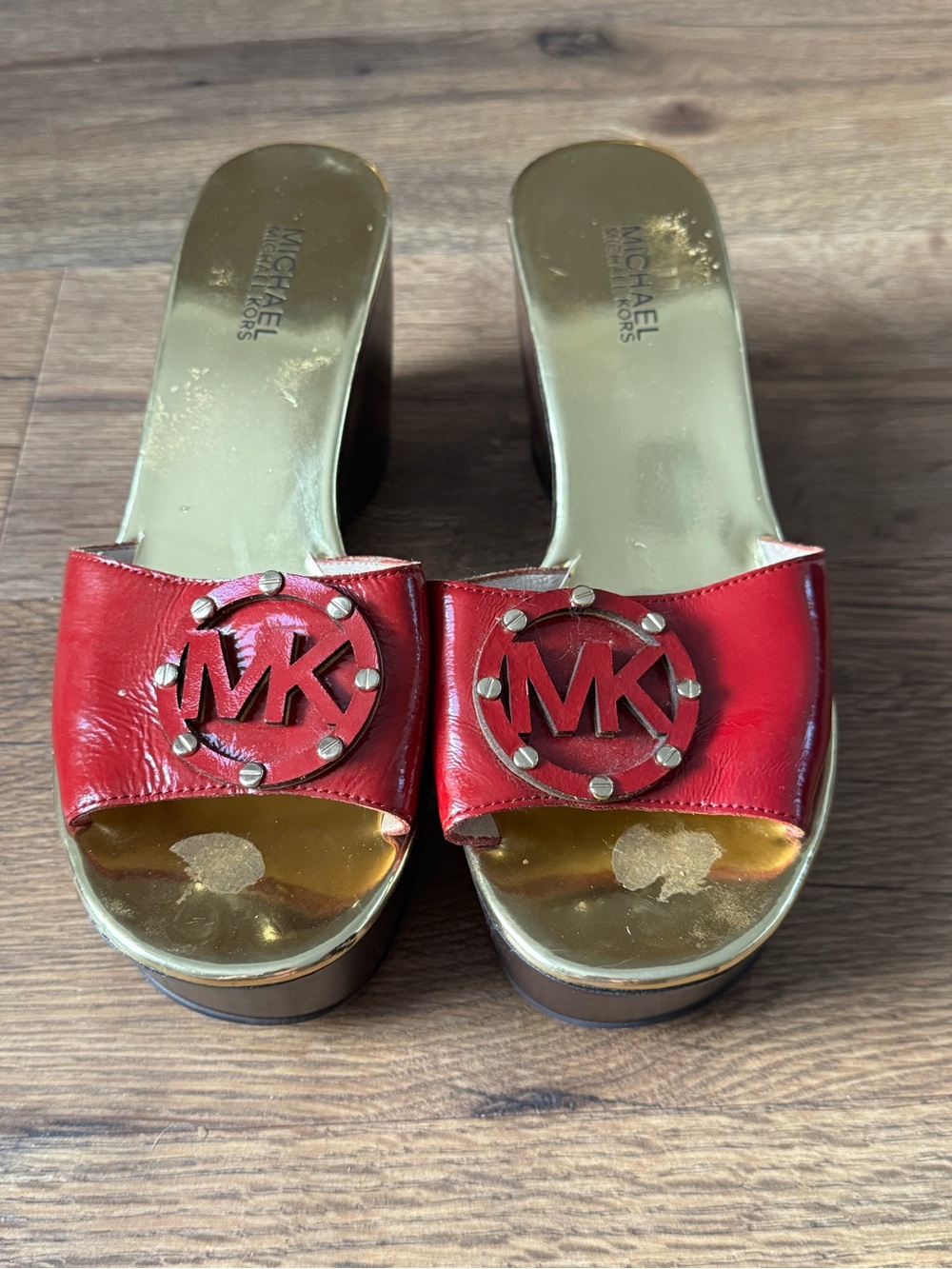 Michael Kors Red Leather MK Logo Slide Wedge Sandals